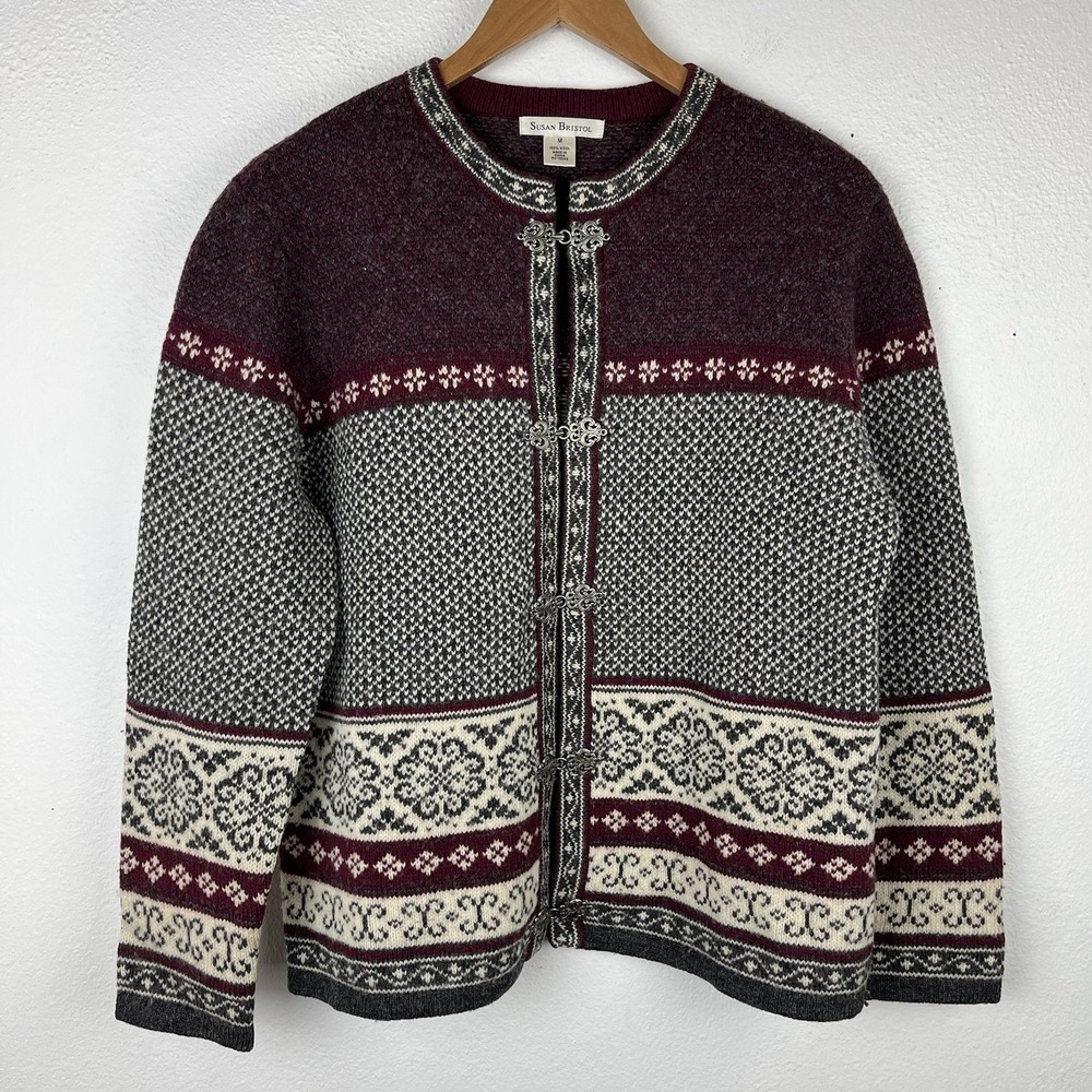 Susan Bristol Medium Wool Cardigan Sweater Nordic Fair Isle Knit Pewter Clasps